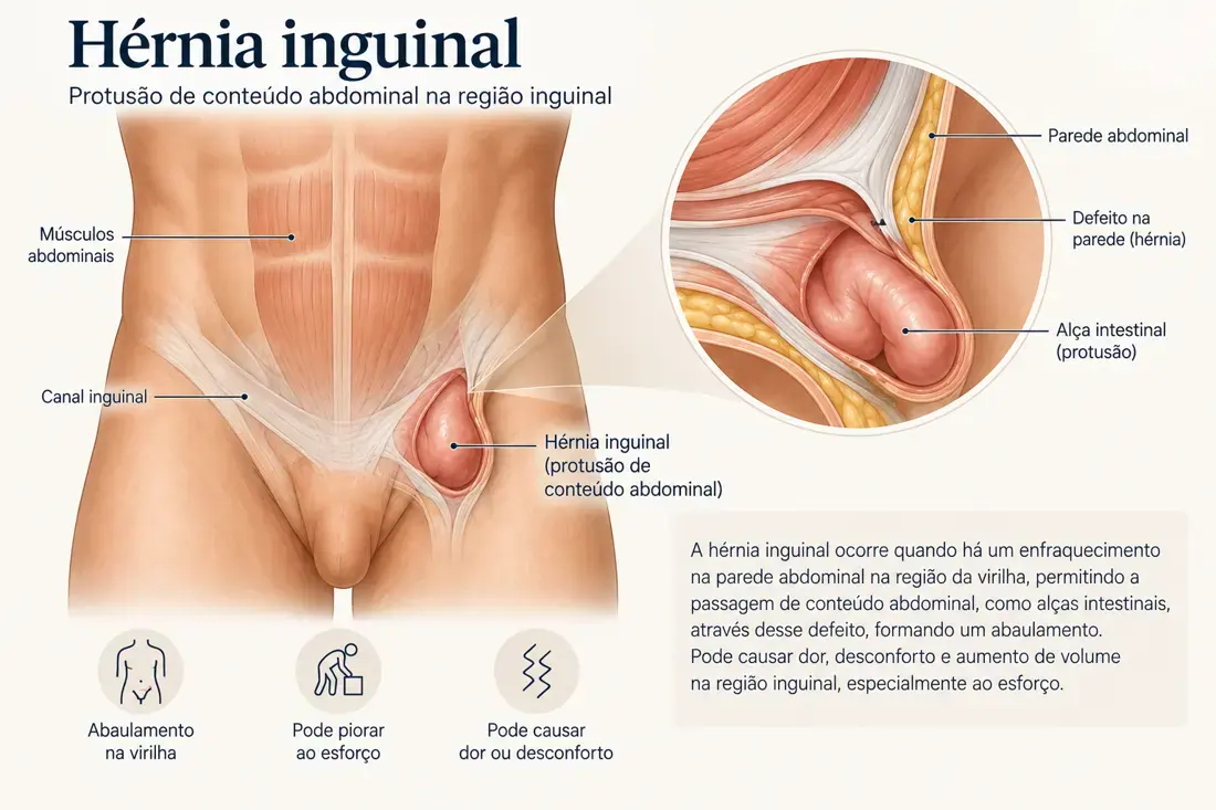 Ilustração educativa de hérnia inguinal